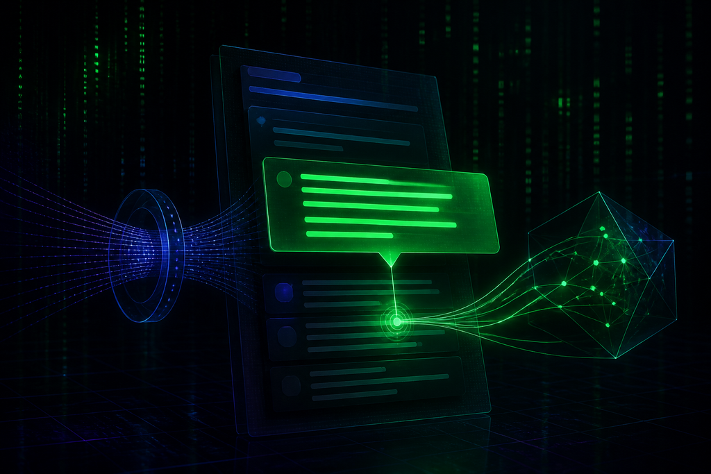 A dark green terminal display displaying glowing green vector network nodes and structured code blocks.