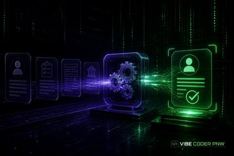 A dark green terminal-style graphic displaying glowing code lines and structured workflow diagrams.