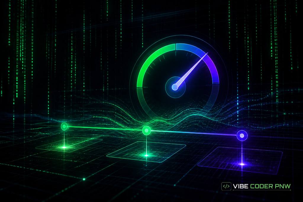 A dark green terminal screen displaying abstract line graphs and code metrics representing website speed performance.
