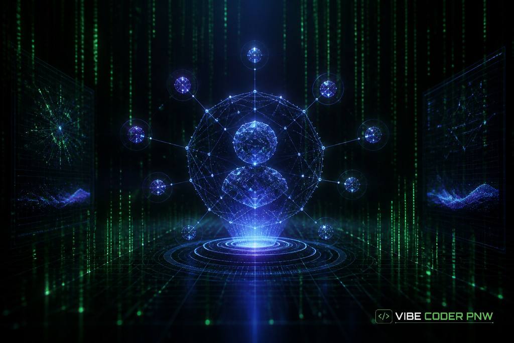 An abstract dark green digital terminal displays interconnected data nodes representing verified business information and search relationships.