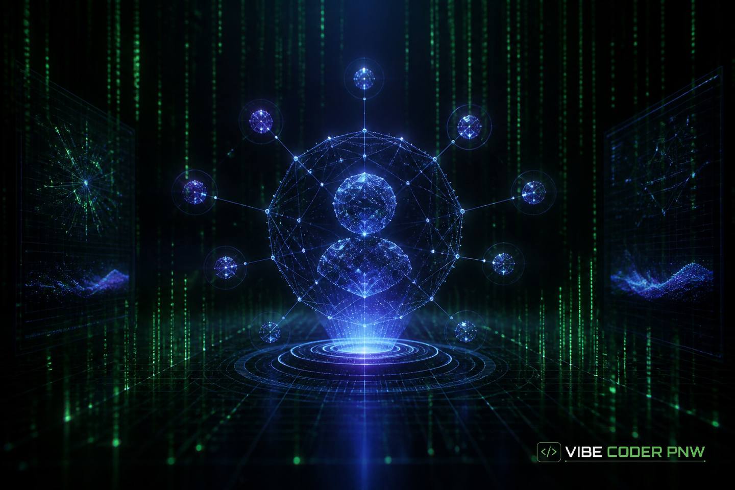 An abstract dark green digital terminal displays interconnected data nodes representing verified business information and search relationships.