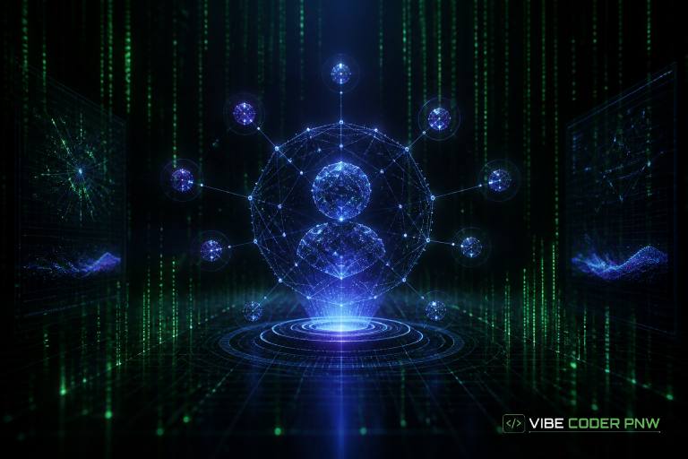 An abstract dark green digital terminal displays interconnected data nodes representing verified business information and search relationships.