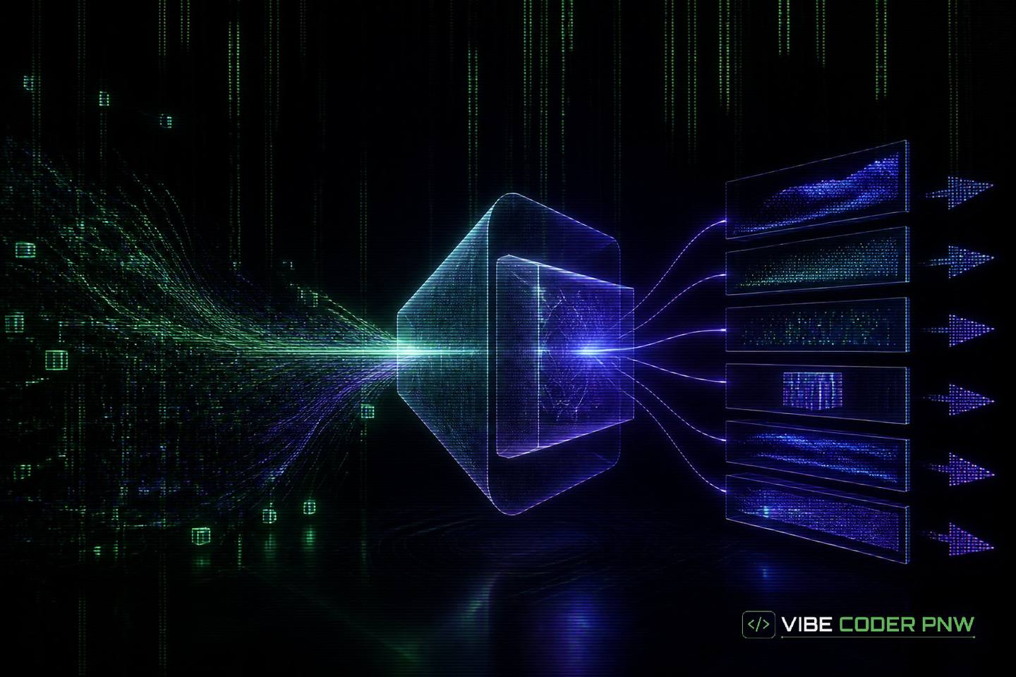 A dark green terminal screen displaying abstract code nodes and digital network lines representing generative engine optimization.