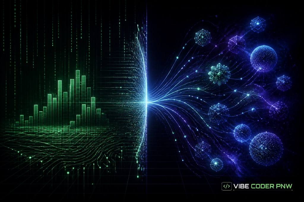 An abstract dark green terminal interface displaying vector embeddings, structured JSON data blocks, and interconnected network nodes.