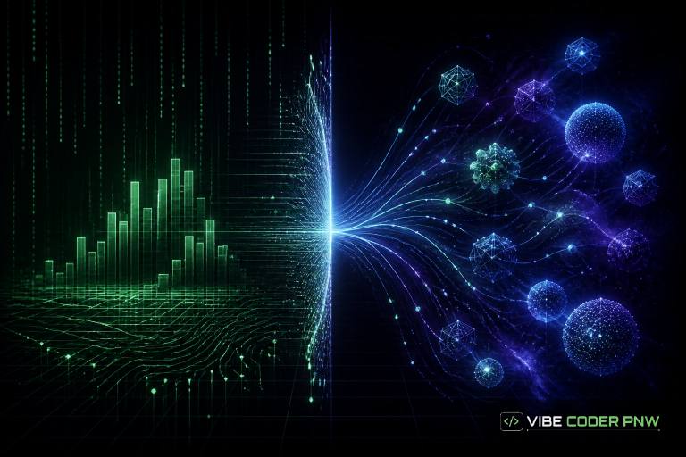 An abstract dark green terminal interface displaying vector embeddings, structured JSON data blocks, and interconnected network nodes.