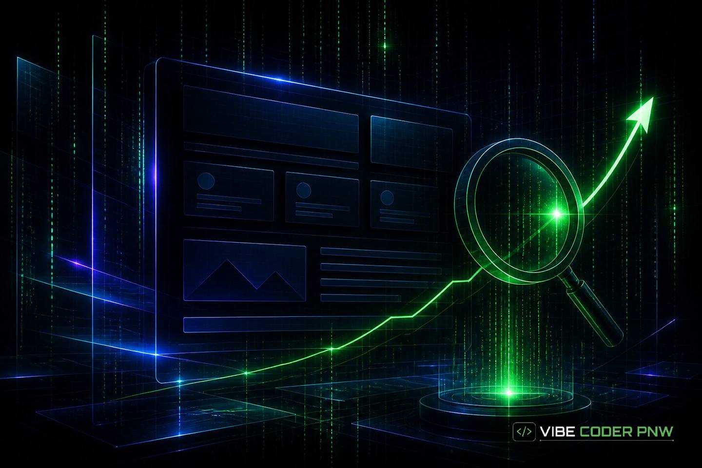 A dark green terminal background displaying glowing abstract wireframe shapes that illustrate modern web layout grids.