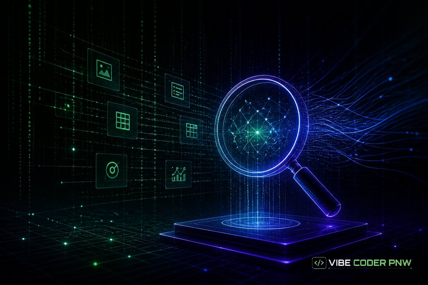Abstract dark green terminal interface displaying vector embeddings, structured JSON-LD schema graphs, and data pipeline logs for search engines.