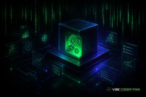 A dark green terminal background with glowing abstract data lines and clear digital dashboard layouts symbolizing custom software development.