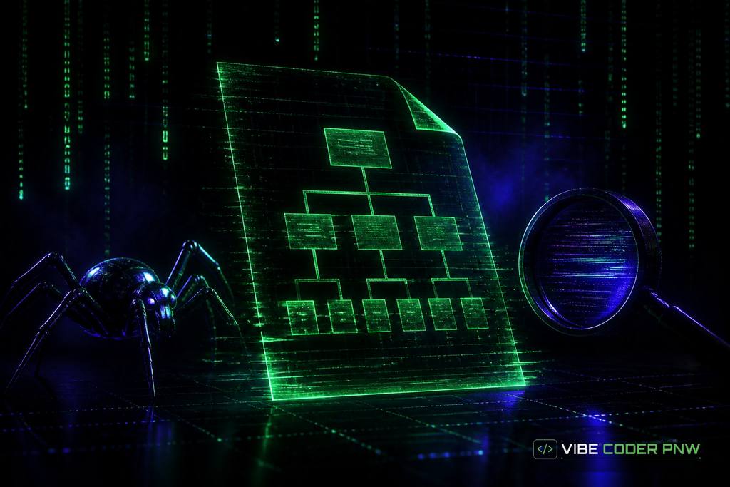 A dark green terminal screen displaying abstract code blocks and glowing lines that visualize web traffic routing.