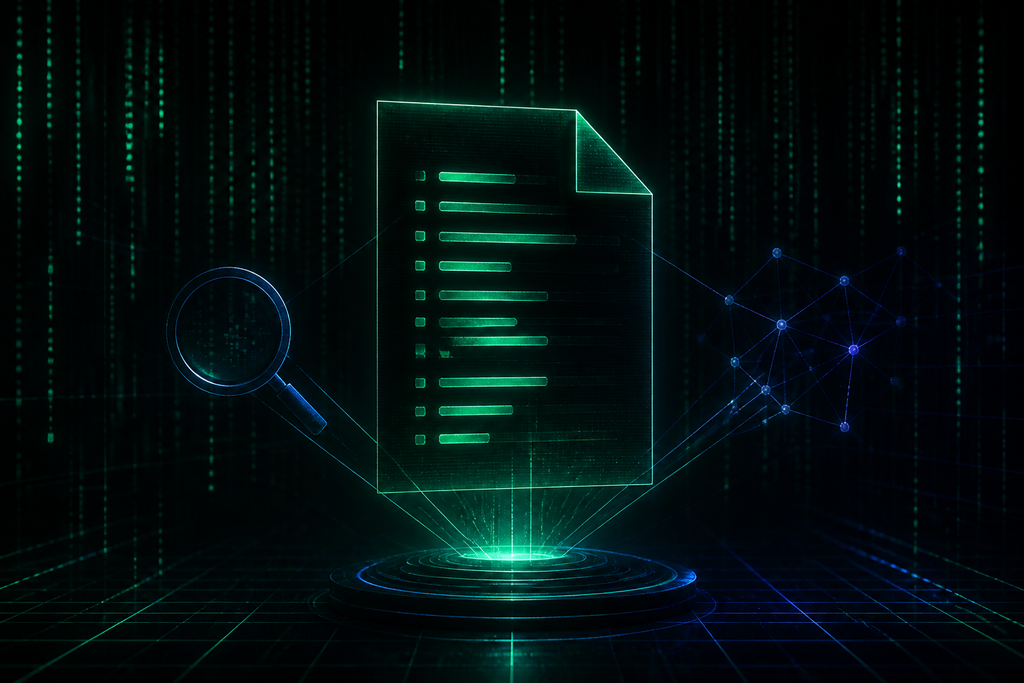 Abstract dark green terminal interface displaying clean markdown code lines and AI web crawler data streams.