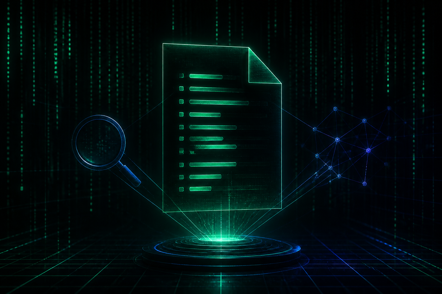 Abstract dark green terminal interface displaying clean markdown code lines and AI web crawler data streams.