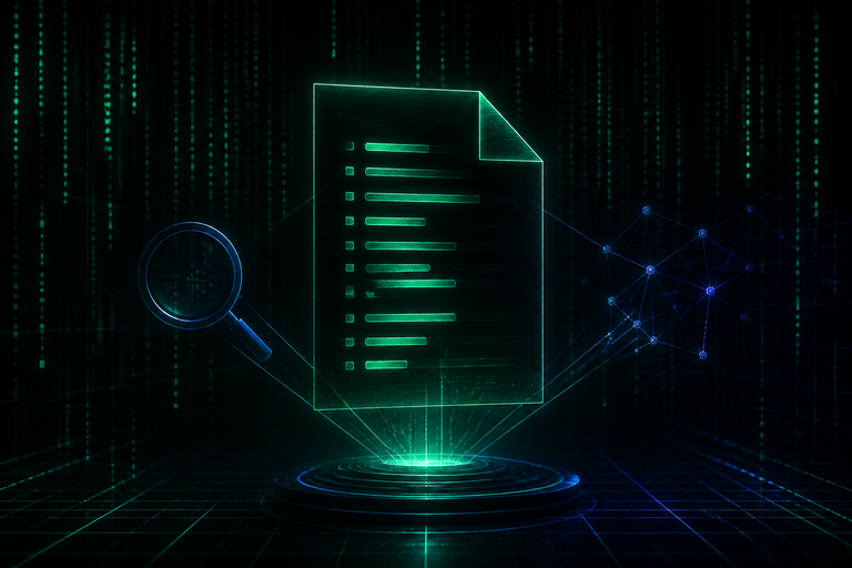 Abstract dark green terminal interface displaying clean markdown code lines and AI web crawler data streams.