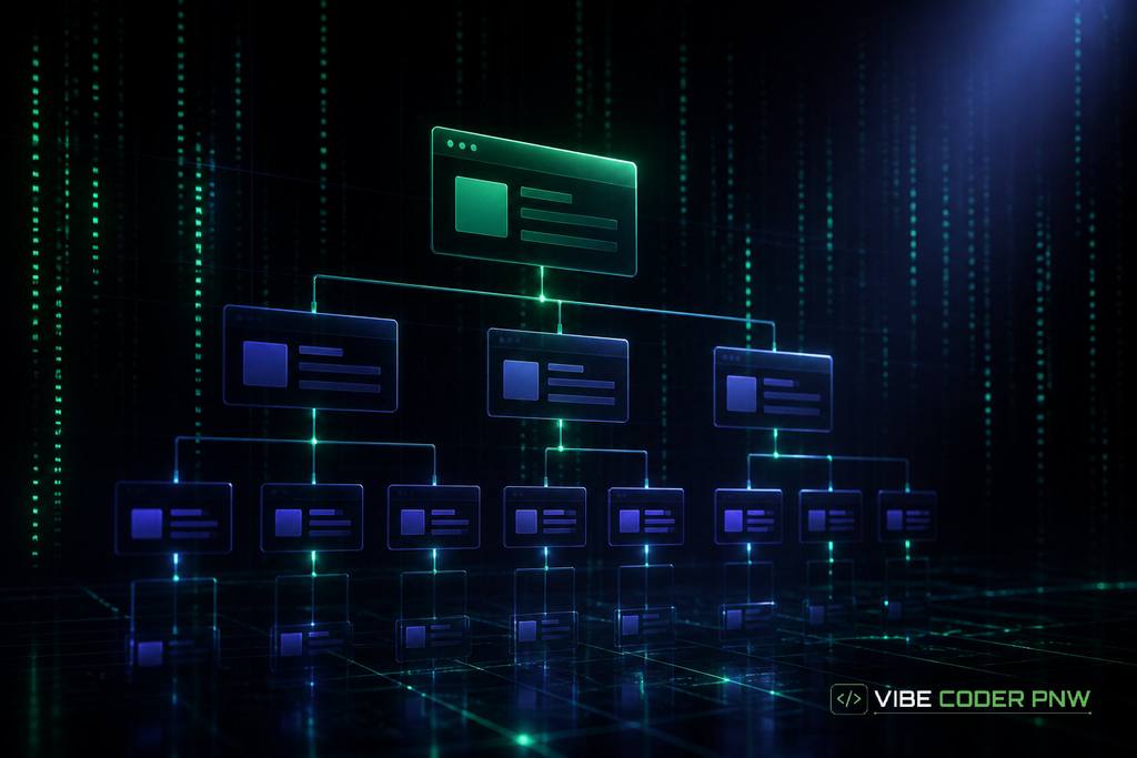 Dark green terminal-style abstract background featuring structured site map trees and interconnected neon green network nodes.