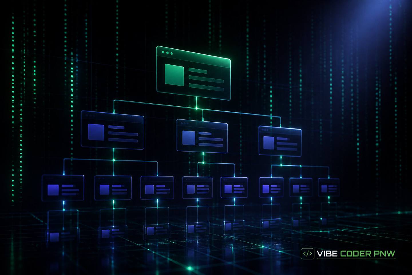 Dark green terminal-style abstract background featuring structured site map trees and interconnected neon green network nodes.