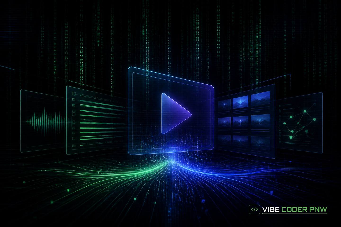A dark green terminal screen displaying abstract code snippets and data streams related to video indexing.