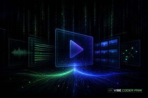 A dark green terminal screen displaying abstract code snippets and data streams related to video indexing.