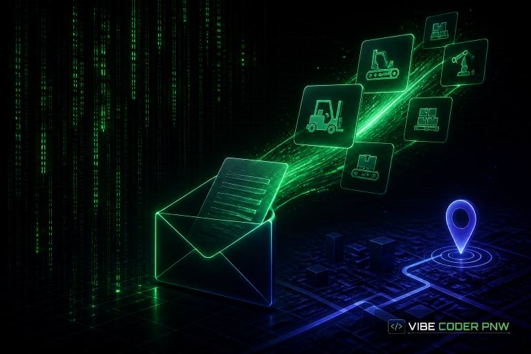 A dark green terminal background with glowing abstract line graphs and digital intake form elements.
