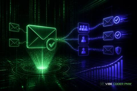 An abstract dark green terminal interface displaying server authentication status indicators and email delivery logs.