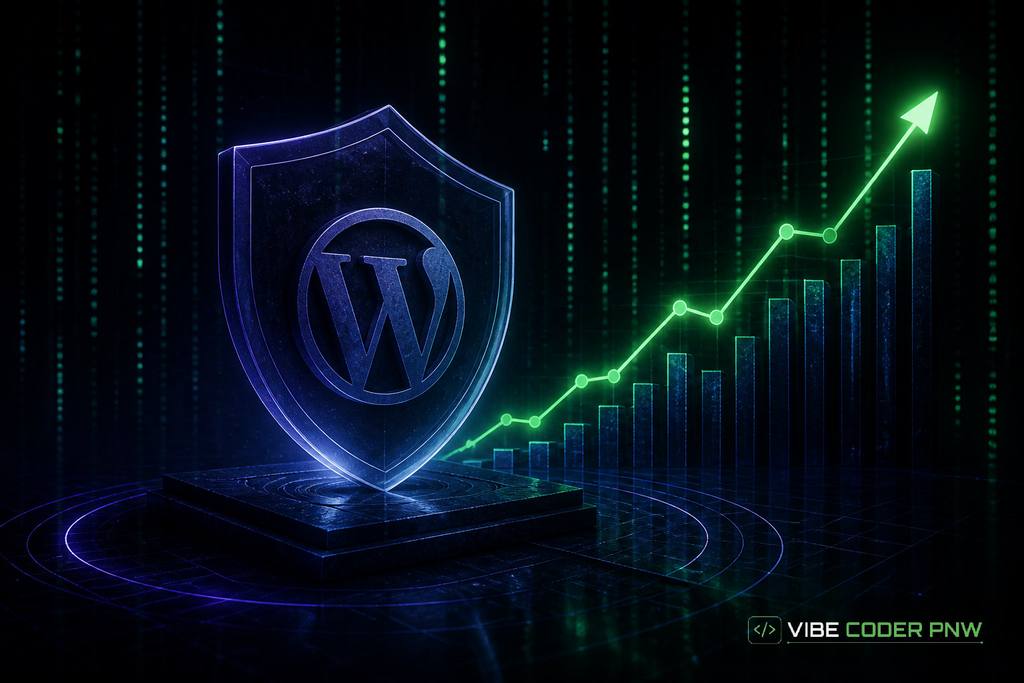An abstract dark green terminal screen displaying glowing neon code blocks and glowing line graphs representing steady search traffic growth.