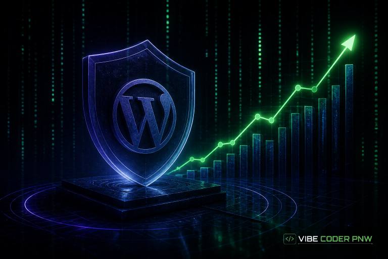 An abstract dark green terminal screen displaying glowing neon code blocks and glowing line graphs representing steady search traffic growth.