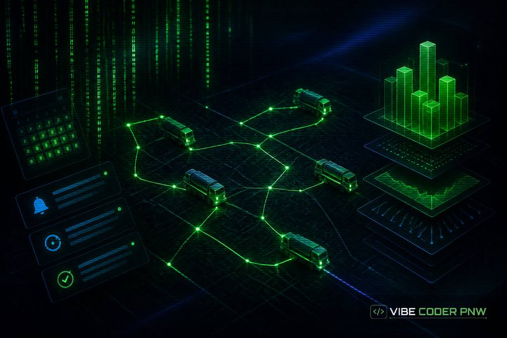 A dark green terminal screen displaying glowing route paths and vector icons representing septic service scheduling software.