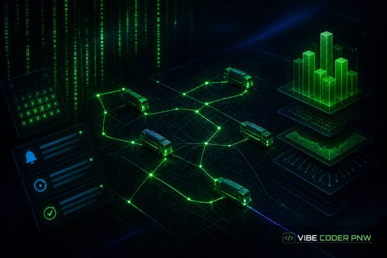 A dark green terminal screen displaying glowing route paths and vector icons representing septic service scheduling software.