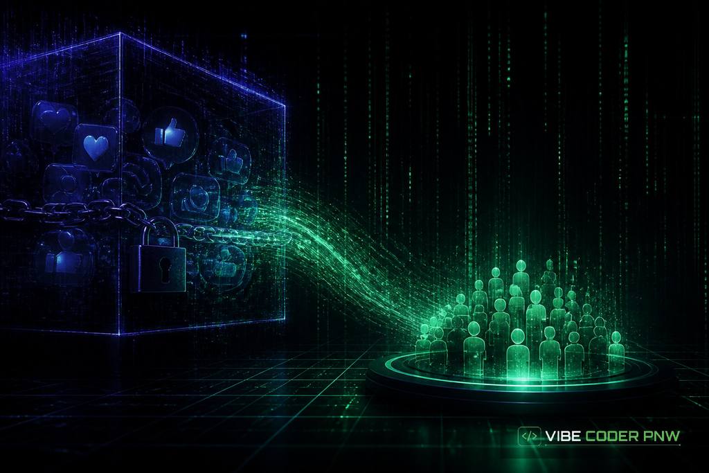 A dark green digital screen displaying data pipelines connecting isolated social channels into a central server.
