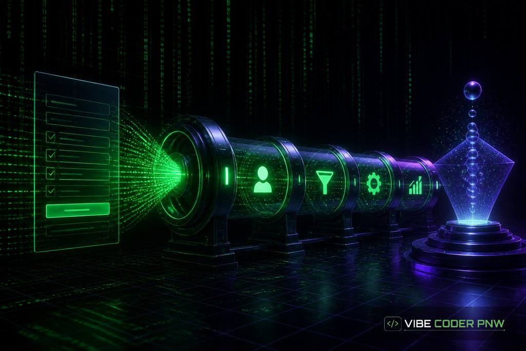 An abstract dark green digital terminal screen showing glowing code paths connecting a web contact form to an organized sales database.