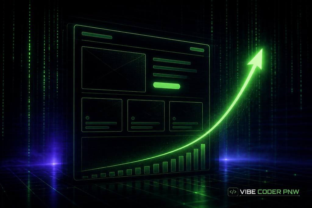 An abstract dark green display showing website layout wireframes and glowing conversion metrics.