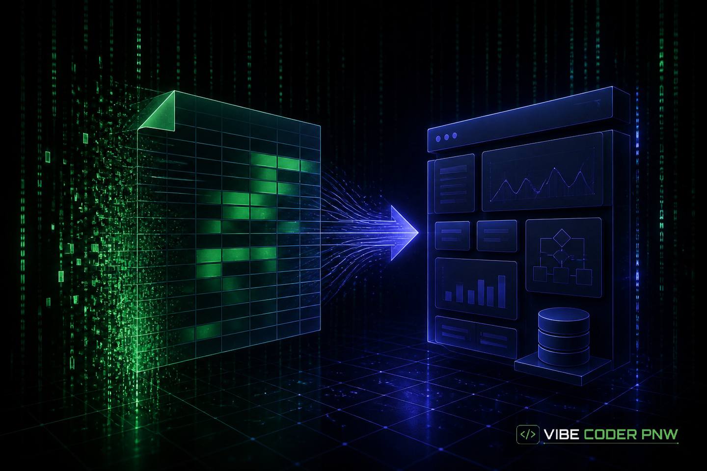 An abstract dark green terminal screen displaying structured database tables emerging from cluttered green text rows.