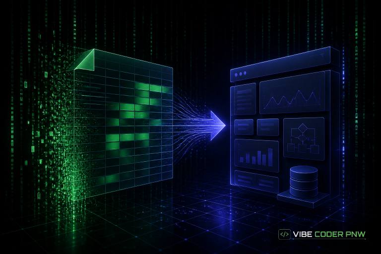 An abstract dark green terminal screen displaying structured database tables emerging from cluttered green text rows.