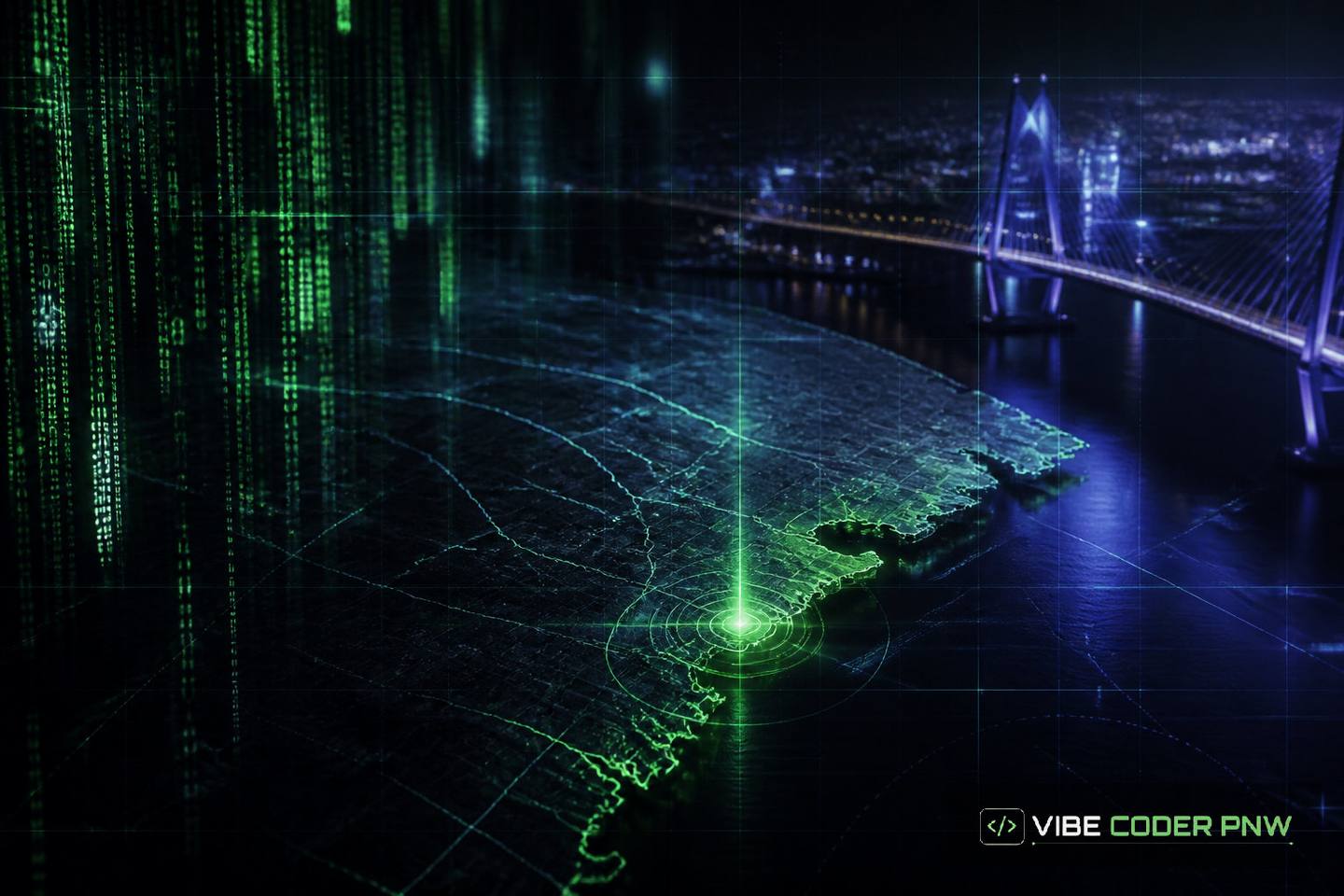 A dark green terminal screen displaying glowing green system code layered over a subtle vector map outline of Charleston, South Carolina.
