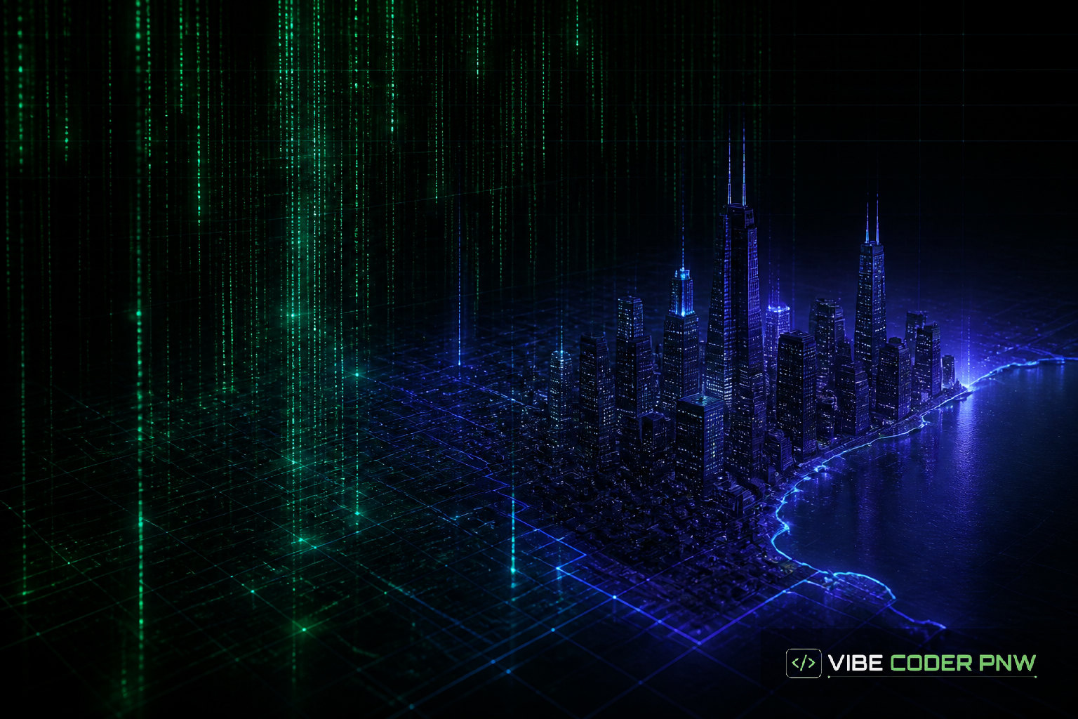A dark green digital terminal user interface displaying glowing green lines of backend code and data structures tailored for Chicago enterprises.
