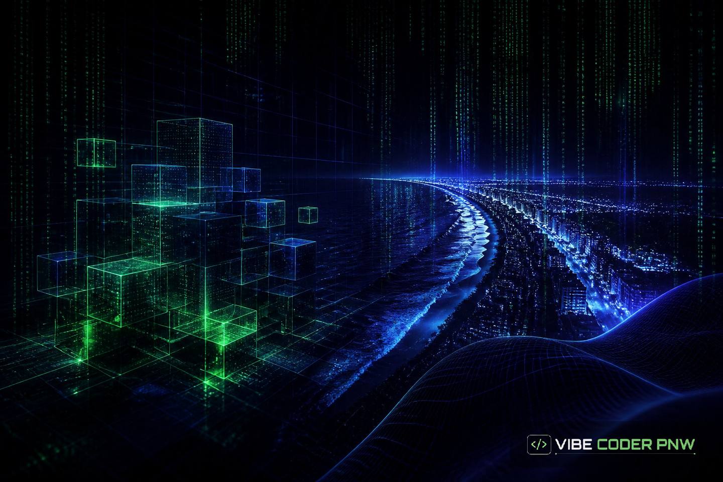 A dark green terminal screen displaying lines of glowing code against an abstract digital wave pattern representing Daytona Beach software engineering.