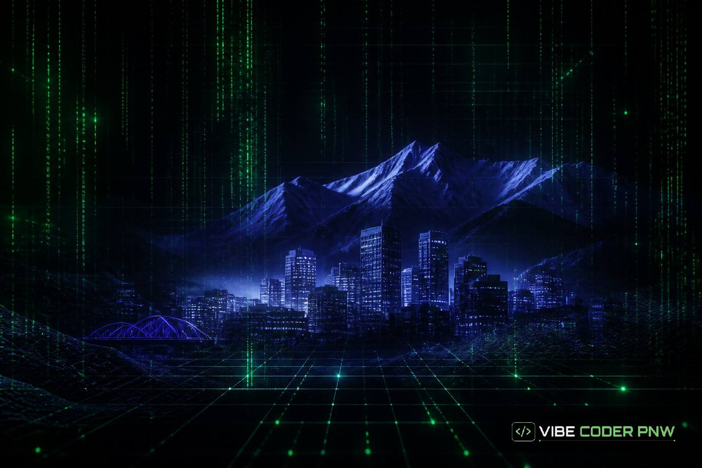 Dark green terminal interface with abstract lines and glow effects representing modern Denver software development.