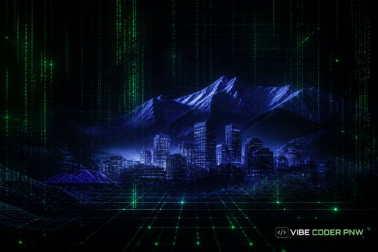 Dark green terminal interface with abstract lines and glow effects representing modern Denver software development.