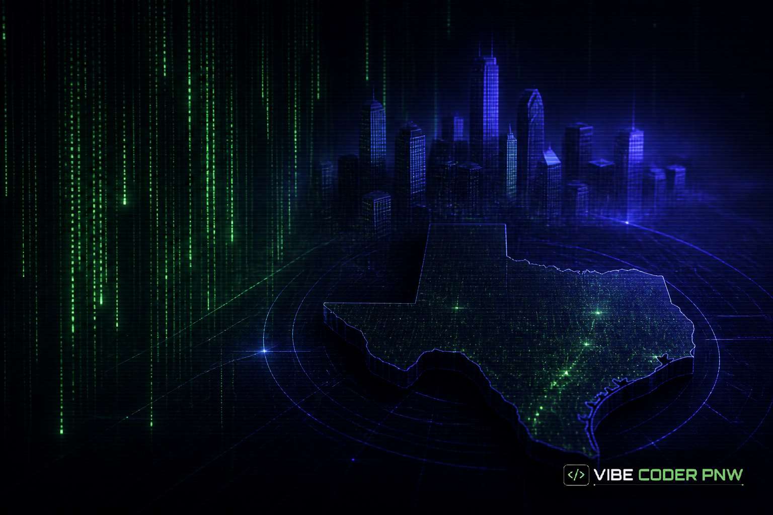 Abstract dark green digital terminal screen displaying software code lines and interconnected network nodes that represent digital infrastructure in Houston.