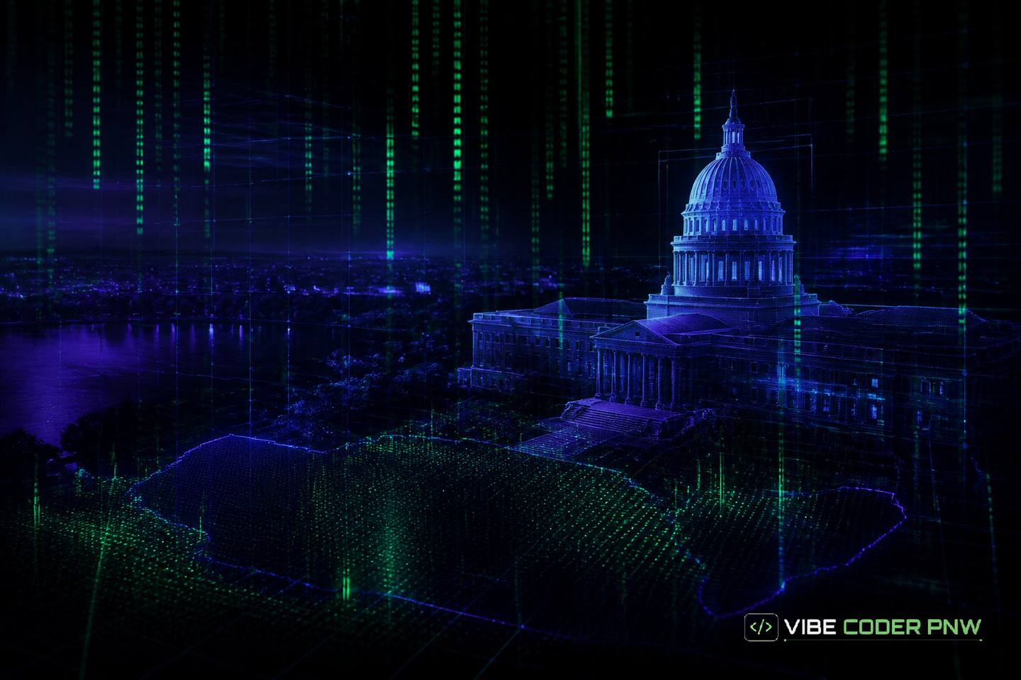 A dark green digital terminal screen displaying clean code lines overlaid with a subtle geometric outline of the Madison capitol building.