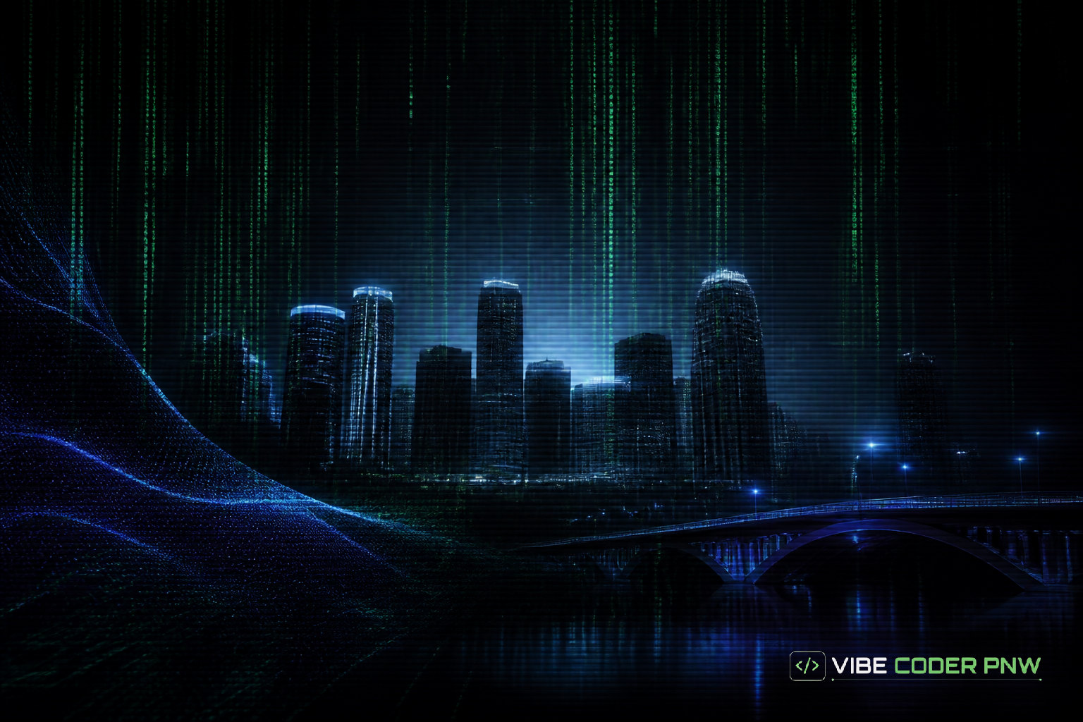 A dark green terminal screen displaying abstract code lines overlaid with subtle geometric shapes representing the Minneapolis city outline.