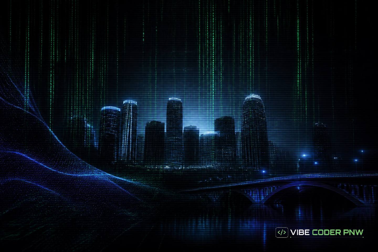A dark green terminal screen displaying abstract code lines overlaid with subtle geometric shapes representing the Minneapolis city outline.
