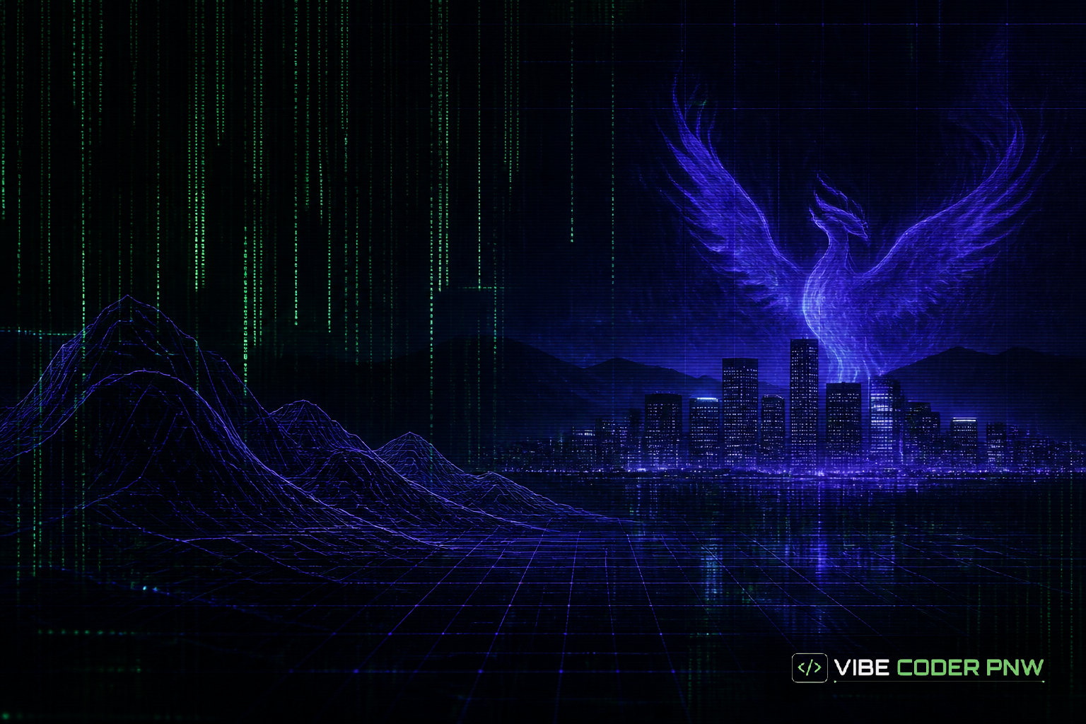 A dark green terminal screen displaying clean glowing lines of code inspired by the desert grid layout of Phoenix.