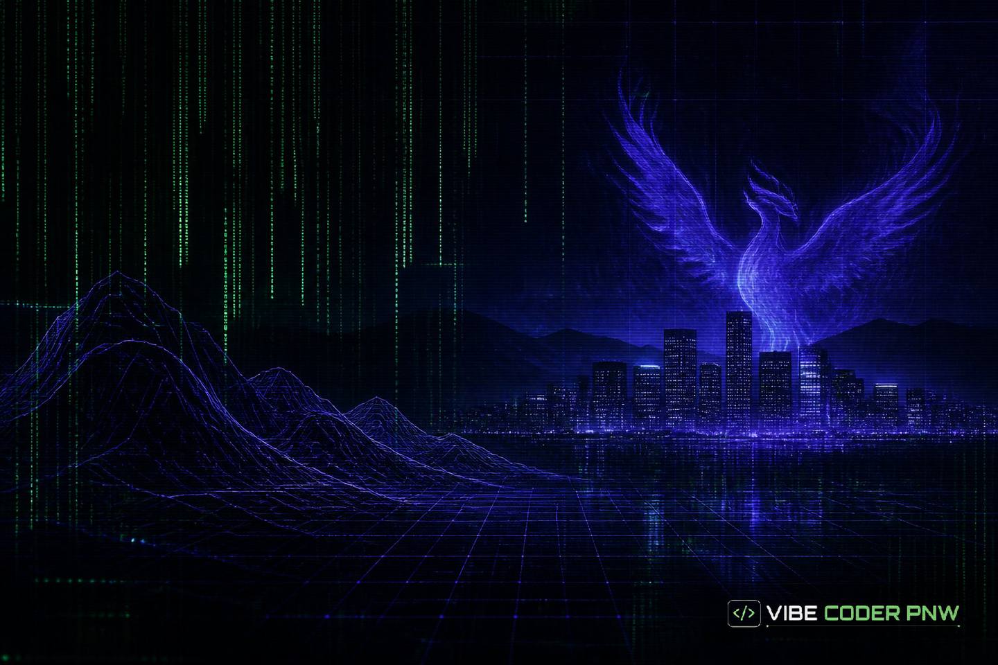A dark green terminal screen displaying clean glowing lines of code inspired by the desert grid layout of Phoenix.