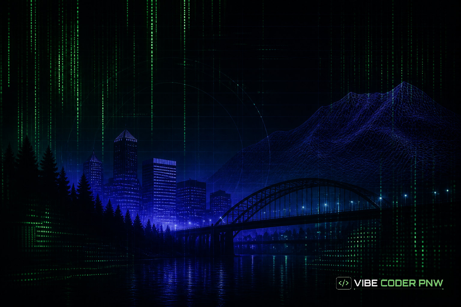 An abstract dark green digital terminal screen featuring clean software code overlaying a stylized geometric map of Portland.