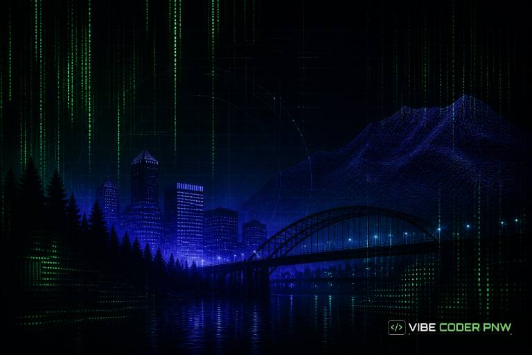 An abstract dark green digital terminal screen featuring clean software code overlaying a stylized geometric map of Portland.