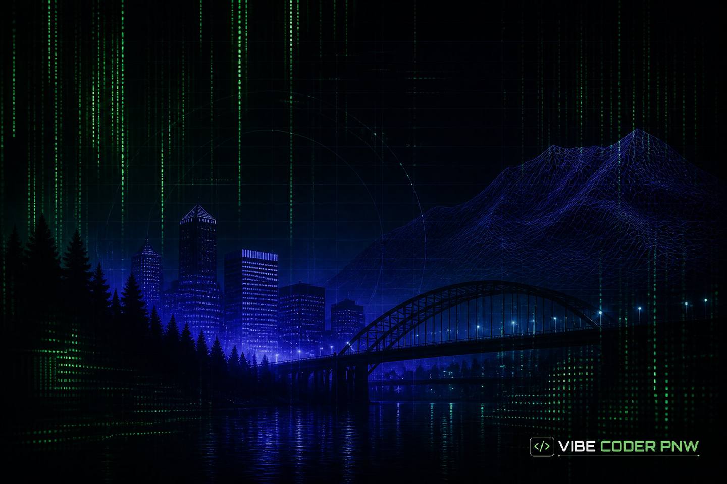 An abstract dark green digital terminal screen featuring clean software code overlaying a stylized geometric map of Portland.