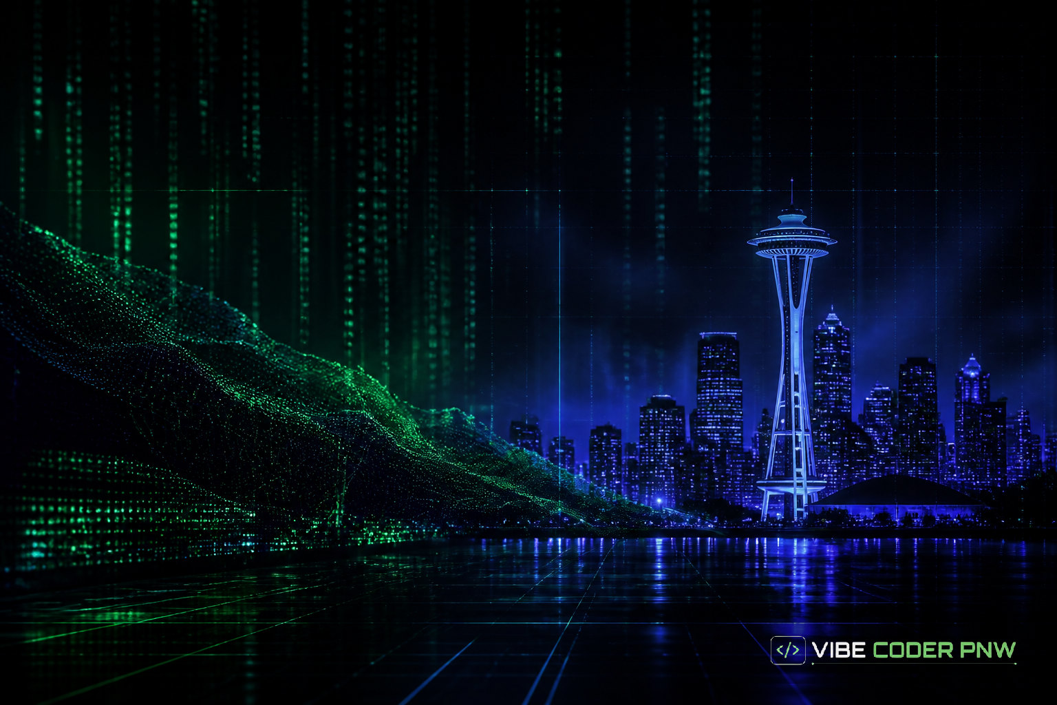 A dark green terminal screen with glowing code overlays the subtle outline of the Seattle skyline.