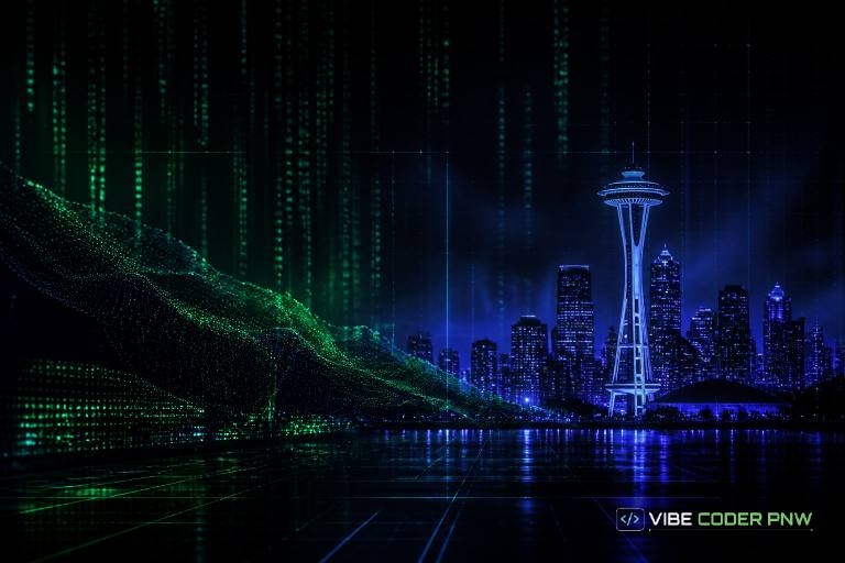A dark green terminal screen with glowing code overlays the subtle outline of the Seattle skyline.
