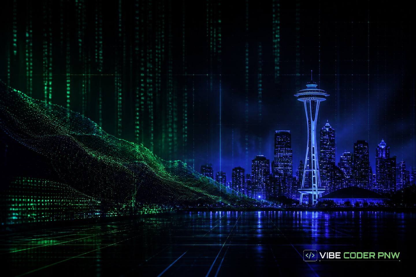 A dark green terminal screen with glowing code overlays the subtle outline of the Seattle skyline.