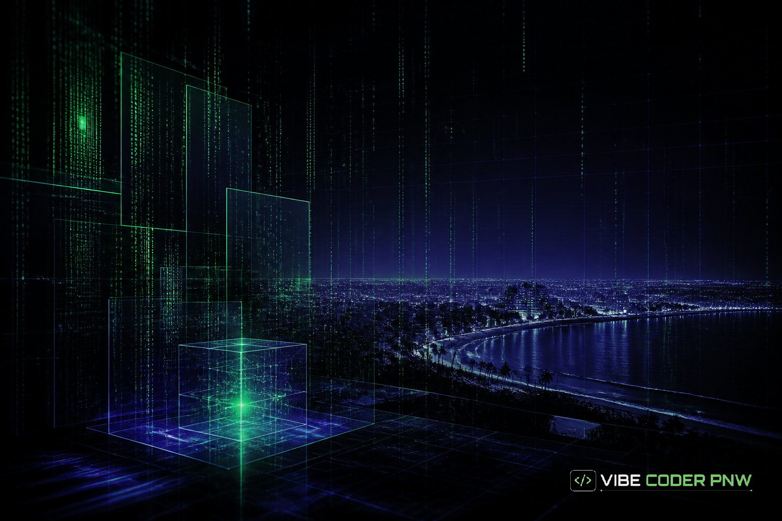 A dark green abstract terminal interface displaying line code and data nodes overlaying a stylized map of Torrance.