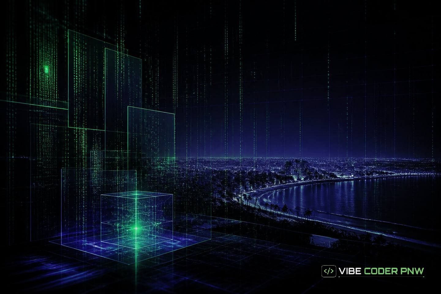 A dark green abstract terminal interface displaying line code and data nodes overlaying a stylized map of Torrance.
